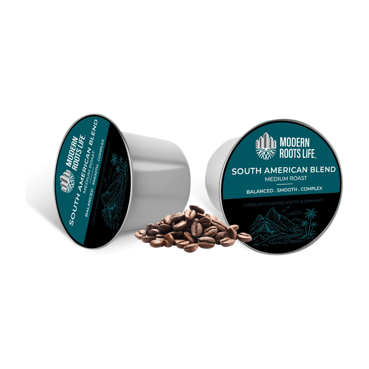 Modern Roots Life South American Blend medium roast single-serve K-Cup pods with whole coffee beans