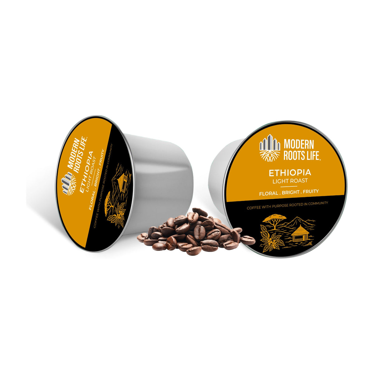 Modern Roots Life Ethiopia light roast single-serve K-Cup pods with whole coffee beans